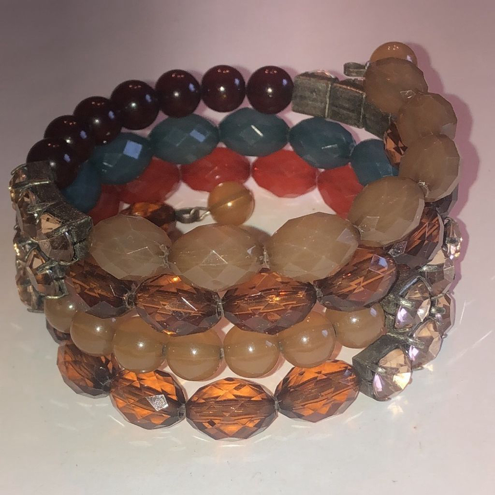 Boho Beaded Neutral Tone Brown Blue & Orange Beads Wrap Bracelet - Picture 4 of 6